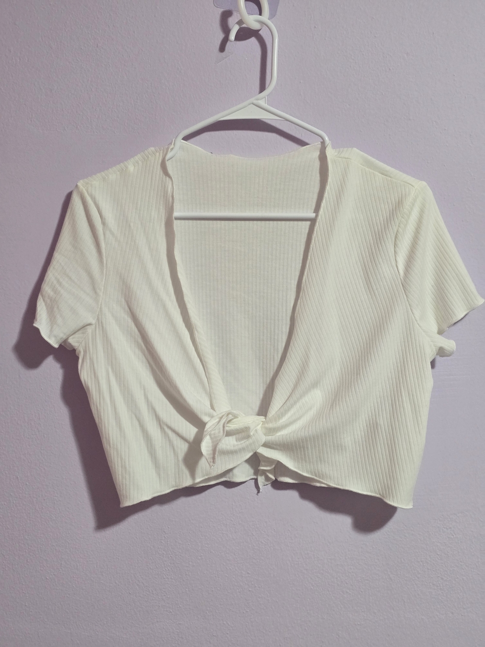 SHEIN Cream Ribbed Tie-Front Crop Top